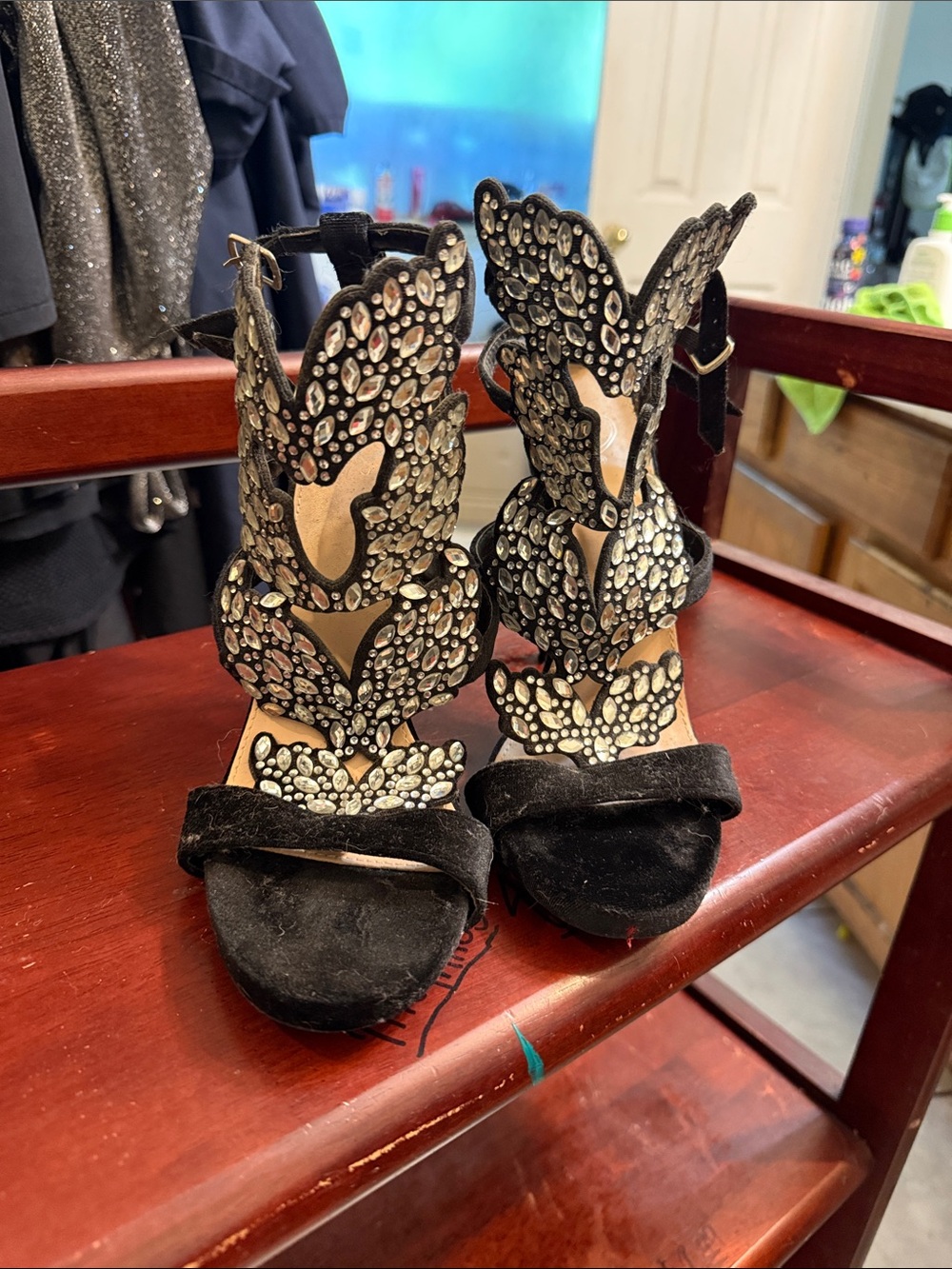 Windsor Black Suede Crystal Leaf Cutout High Heels